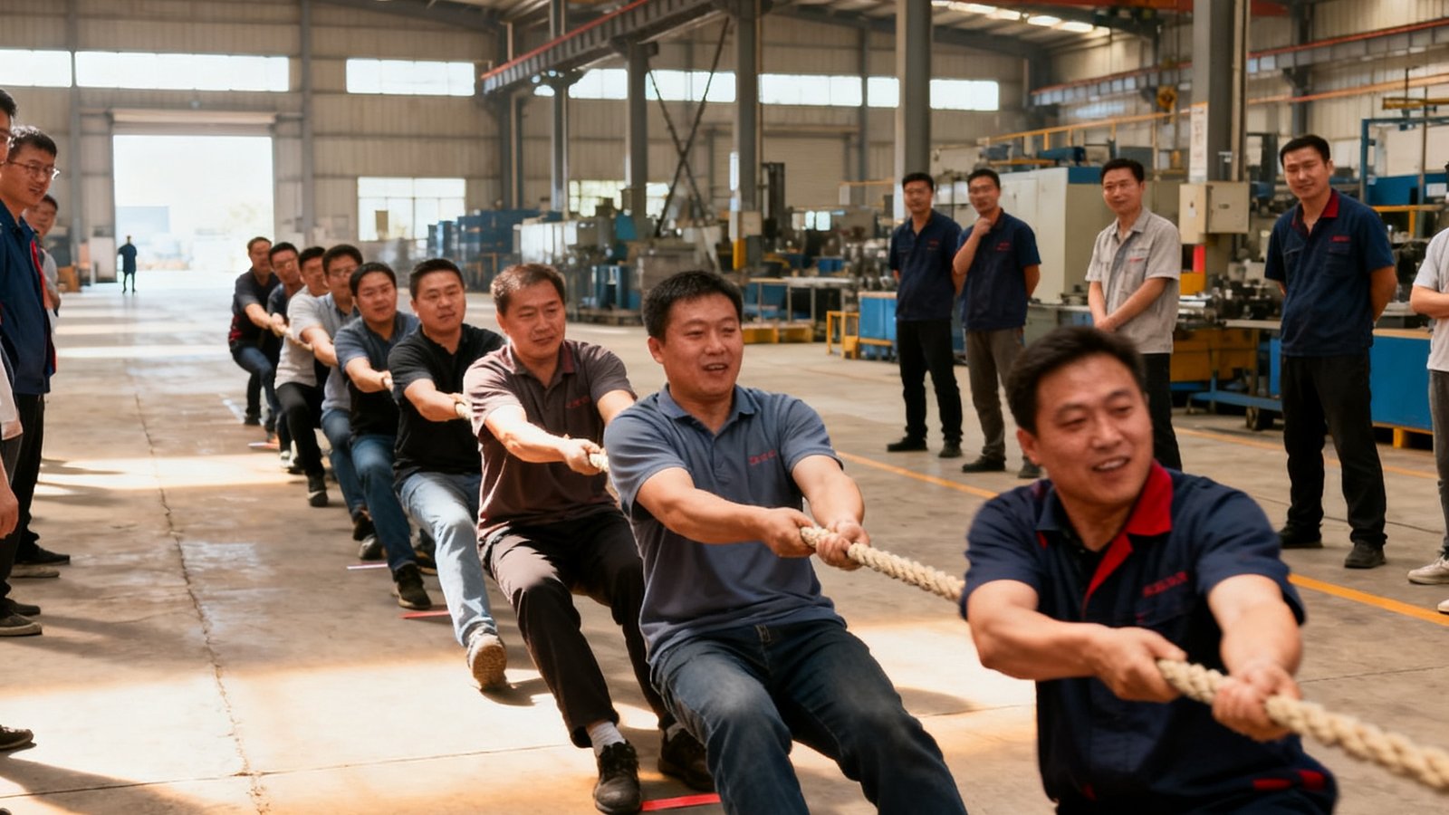 制造企业车间空地上的趣味运动会，工人们分成多组进行拔河比赛，上方悬挂着红色横幅