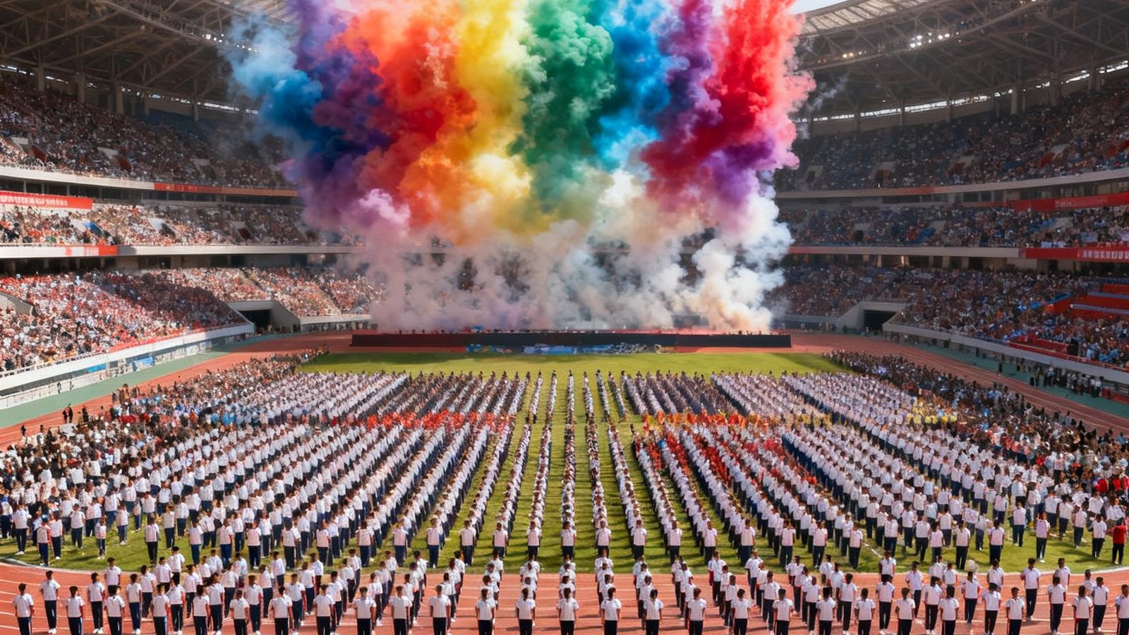 大型企业运动会的开幕式场景，数千名员工身着统一运动服组成方阵，彩色烟雾在空中绽放，体育场看台上坐满观众