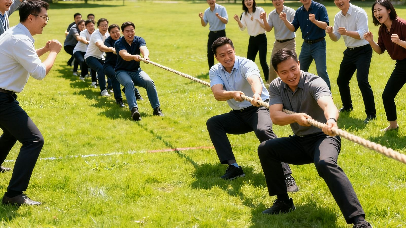 部门级别的小型团建活动，一片绿草地上两支队伍正在进行拔河比赛，周围同事们在加油助威，阳光明媚