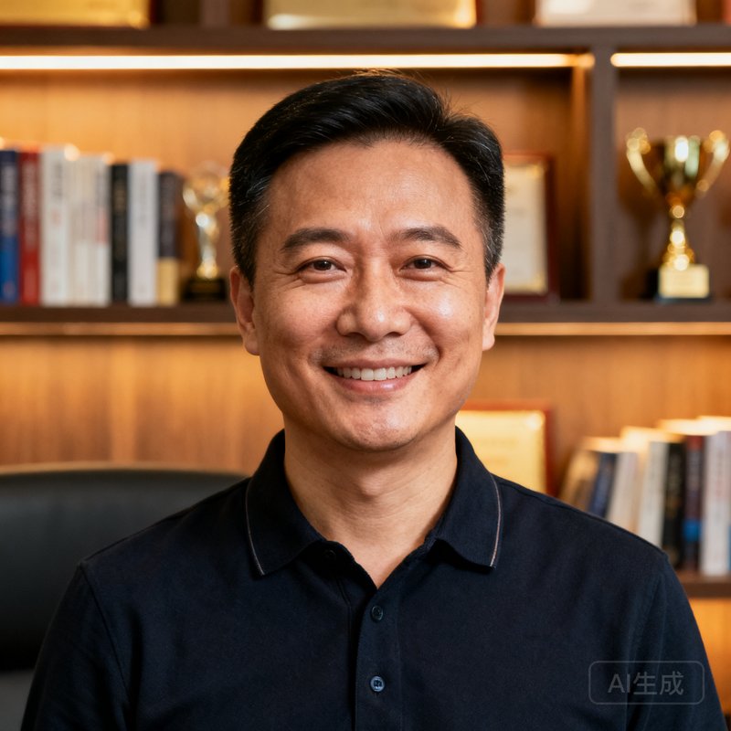 VSport创始人张伟明，40岁男性，身穿深色商务休闲装，面带自信微笑，背景为办公室书架