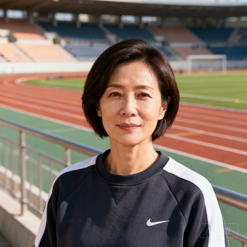 VSport运营副总裁李婷，35岁女性，留着干练短发，身穿运动卫衣，站在户外运动场边