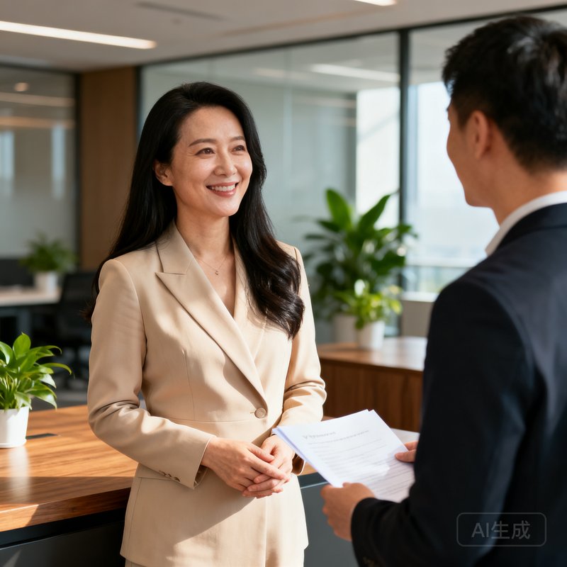 VSport客户成功总监王雅文，38岁女性，身穿米色职业套装，长发披肩，正在与客户愉快交谈